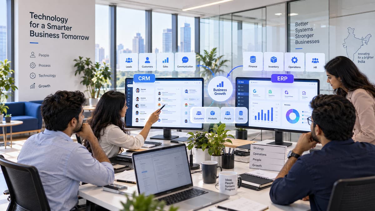 Side-by-side CRM and ERP dashboards, one covering leads, customers and sales, the other finance, inventory, operations and HR.