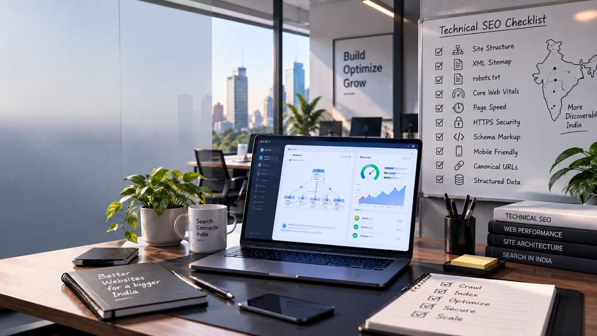 A technical SEO checklist on a whiteboard — site structure, sitemaps, Core Web Vitals, schema and canonical URLs — beside a site crawl dashboard.